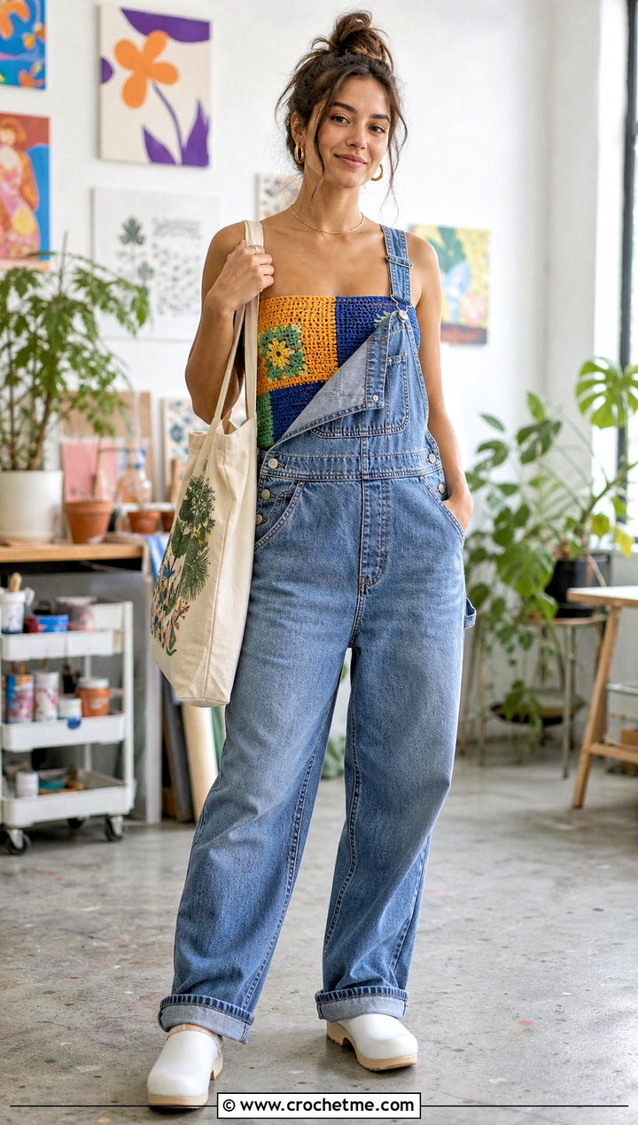 Patchwork Crochet Tube Top With Denim Overalls - 25 Easy Crochet Tube Top outfit ideas