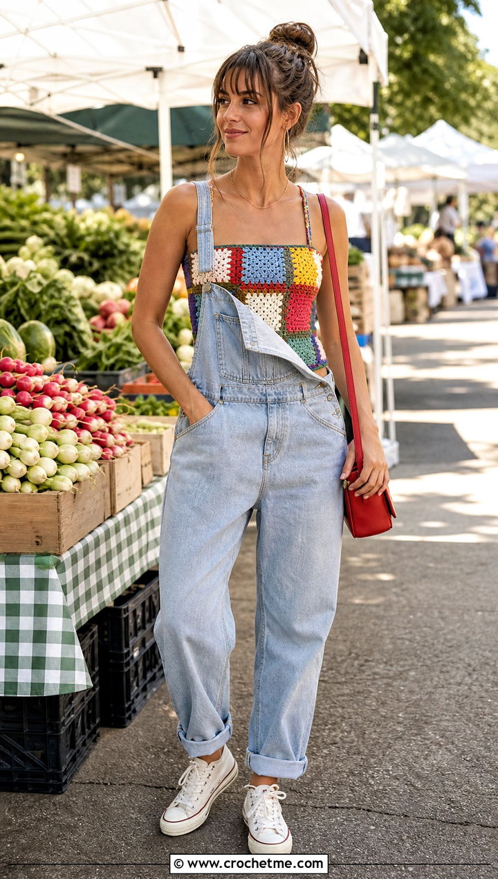 Patchwork Crochet Tube Top With Denim Overalls - 30 Crochet Tube Top With Straps outfit ideas