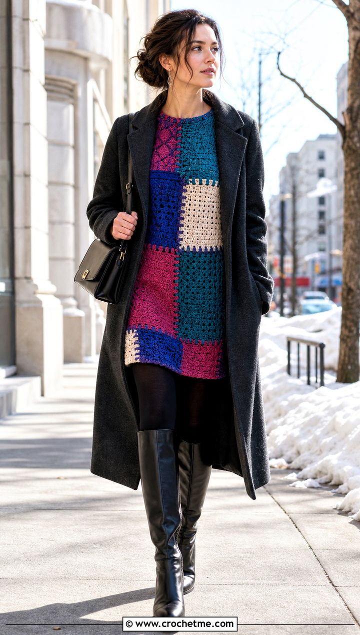 Patchwork Crochet Tunic Sweater With Knee High Boots - 15 Customizable Crochet Sweater Design outfit ideas