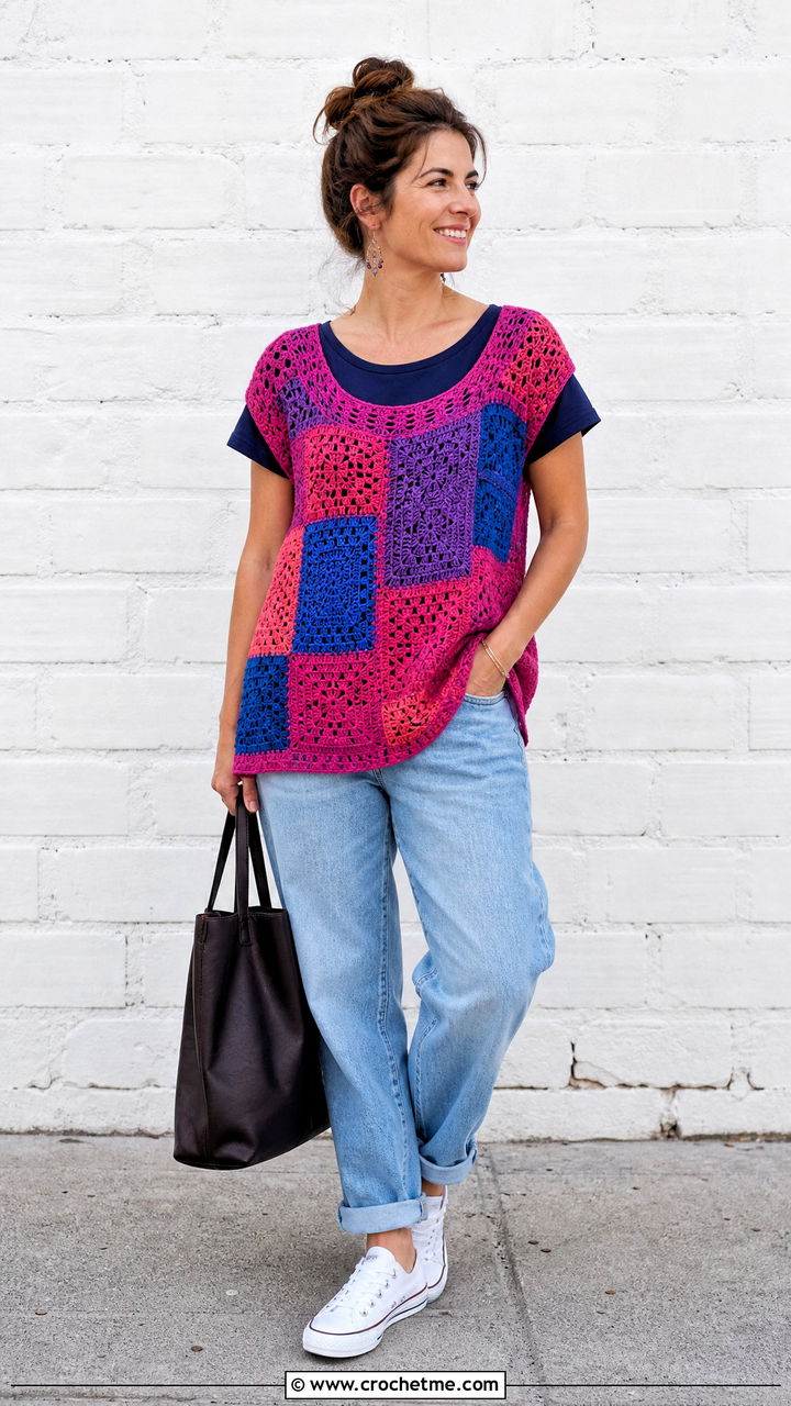 Patchwork Crochet Tunic With Relaxed Jeans - 35 crochet tunic outfit ideas