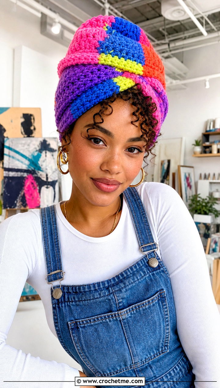 Patchwork Crochet Turban Hat With Overalls And Platform Sneakers - 35 crochet turban hat outfit ideas