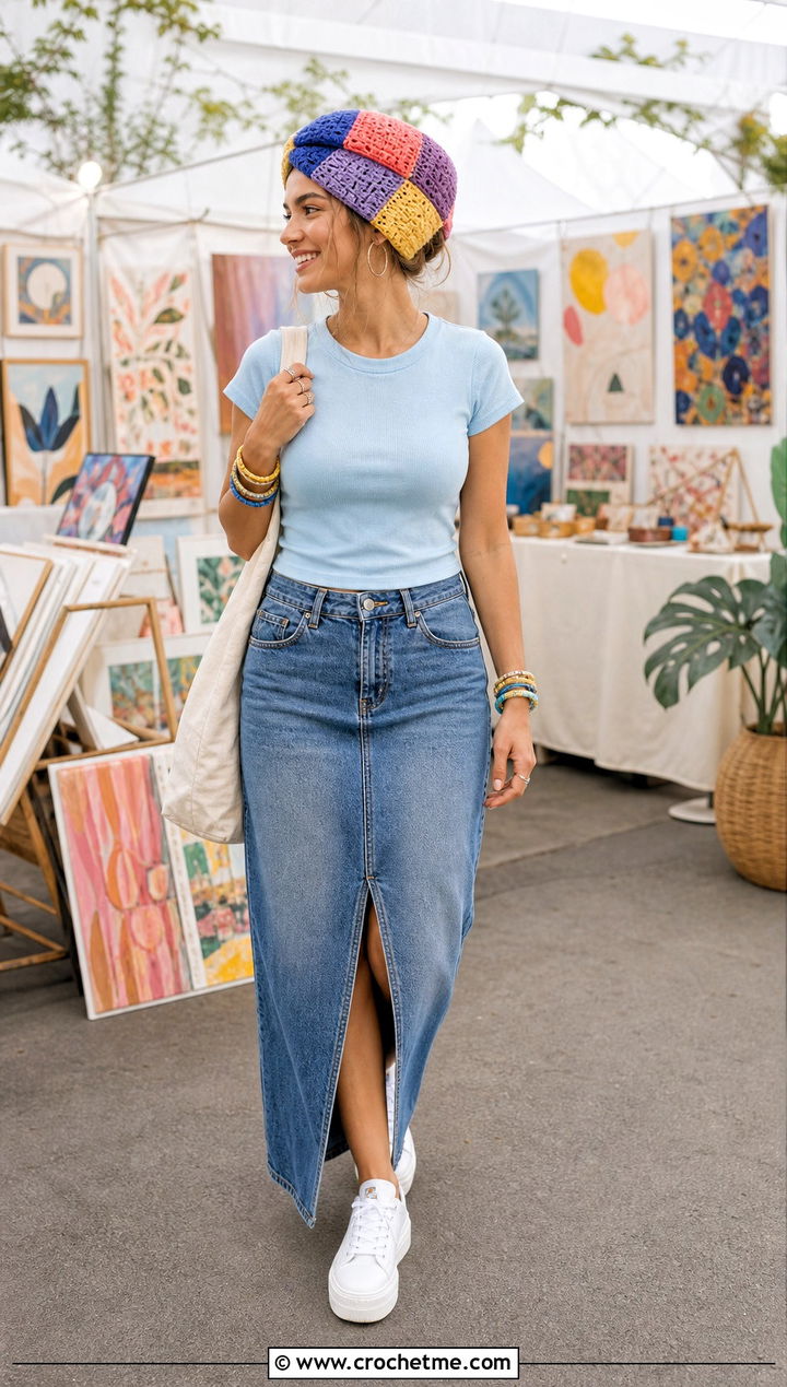Patchwork Crochet Turban With Denim Maxi Skirt - 35 crochet turban outfit ideas