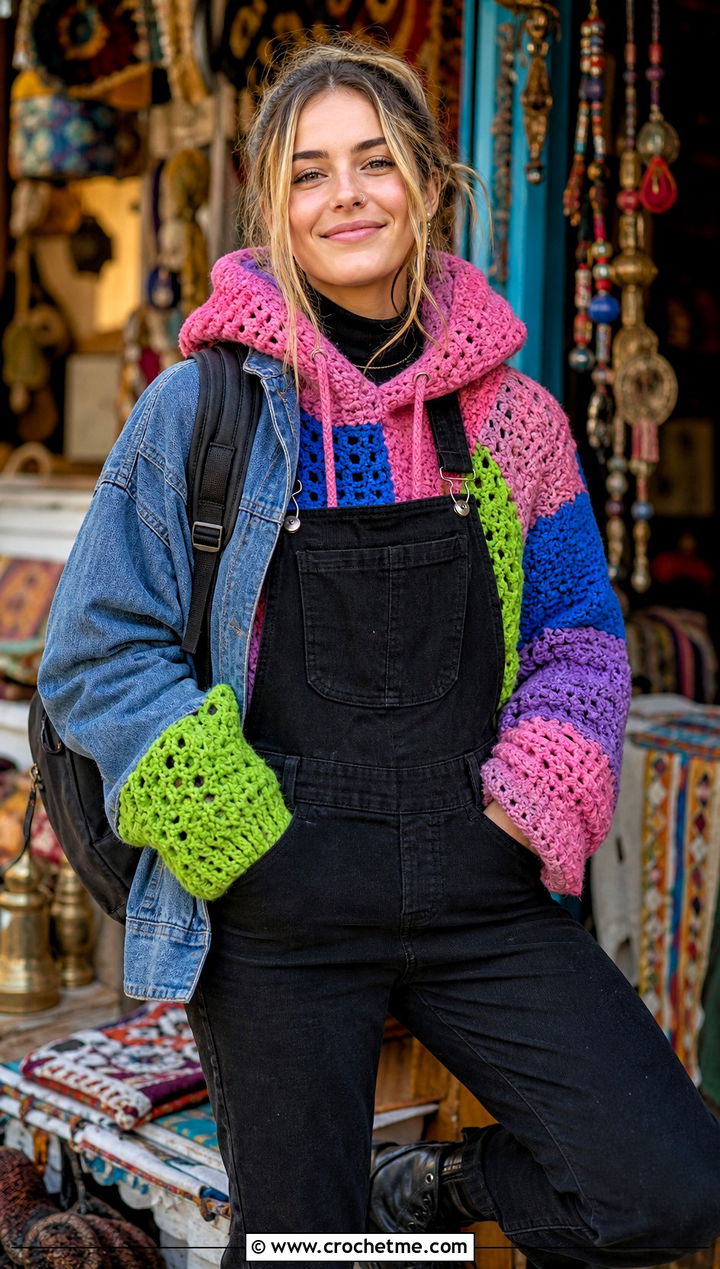 Patchwork Crochet Turtle Neck Hoodie With Black Overalls - 30 crochet turtle neck hoodie outfit ideas