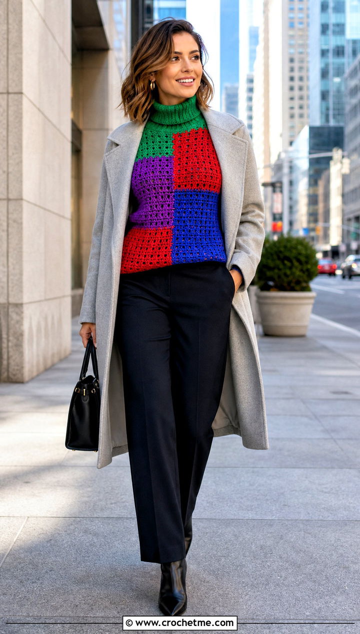 Patchwork Crochet Turtle Neck Sweater With Tailored Coat - 35 crochet turtle neck sweater outfit ideas