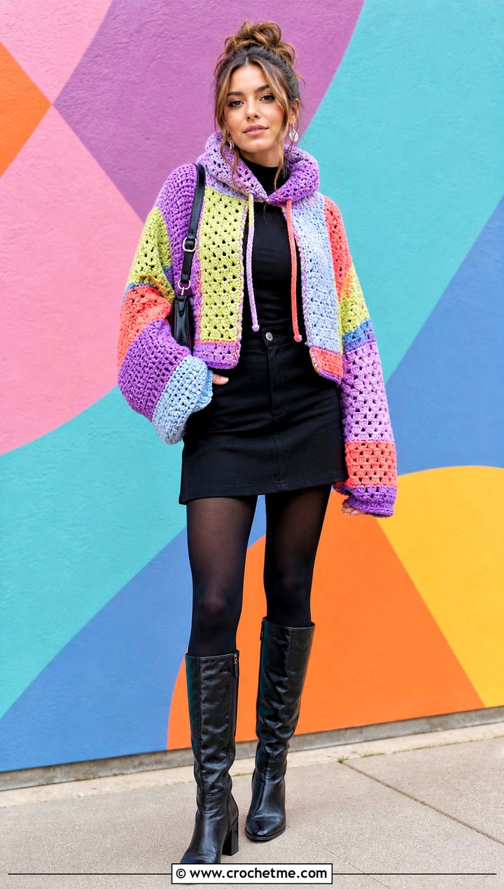 Patchwork Crochet Turtleneck Hoodie With Mini Skirt And Tights - 35 crochet turtleneck hoodie outfit ideas