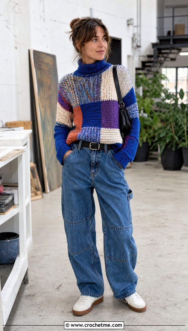 Patchwork Crochet Turtleneck Sweater With Carpenter Jeans - 30 crochet turtleneck sweater outfit ideas