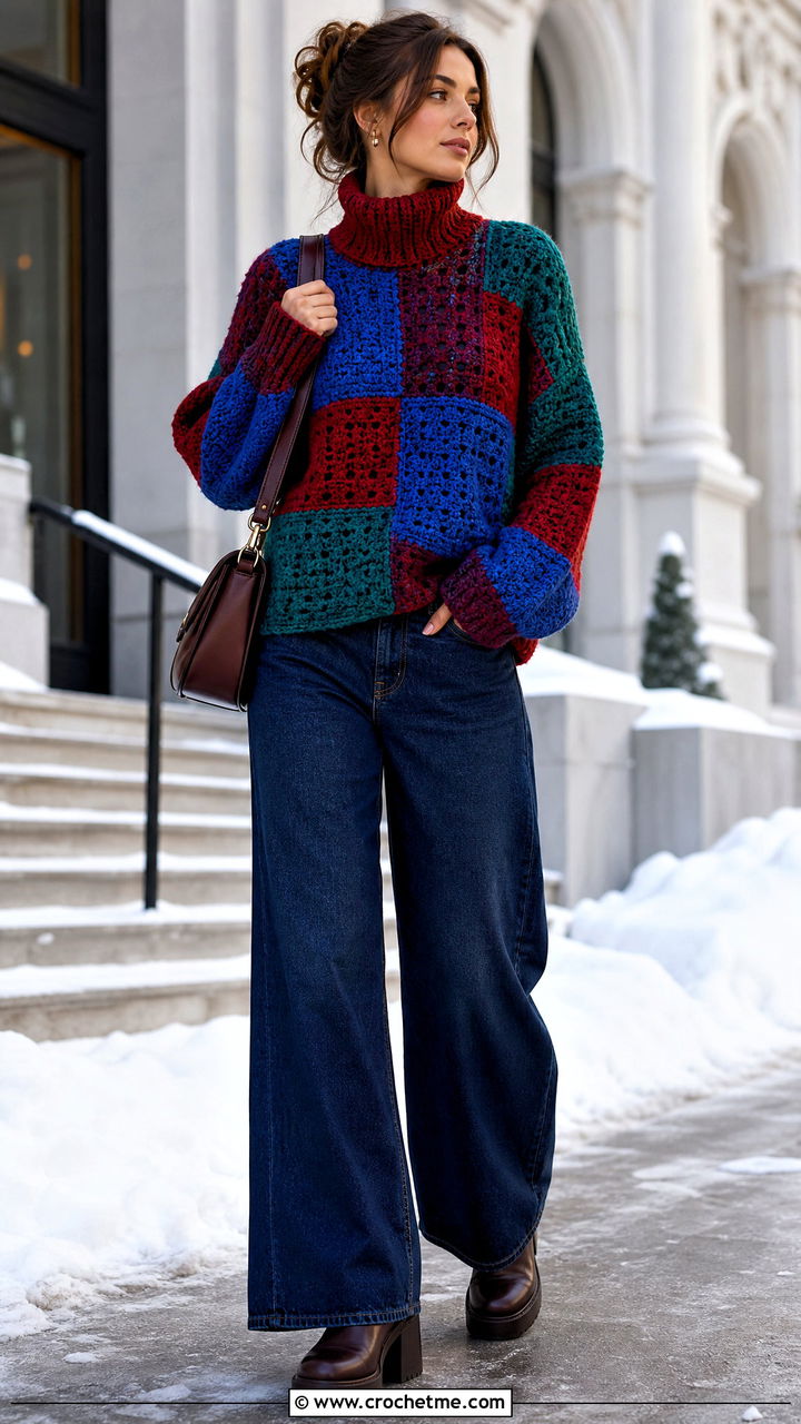 Patchwork Crochet Turtleneck Sweater With Wide Leg Jeans - 35 patchwork crochet sweater outfit ideas