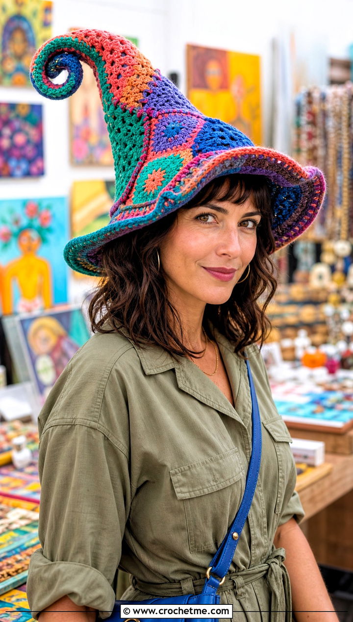 Patchwork Crochet Twisted Witch Hat With Utility Jumpsuit - 25 crochet twisted witch hat outfit ideas