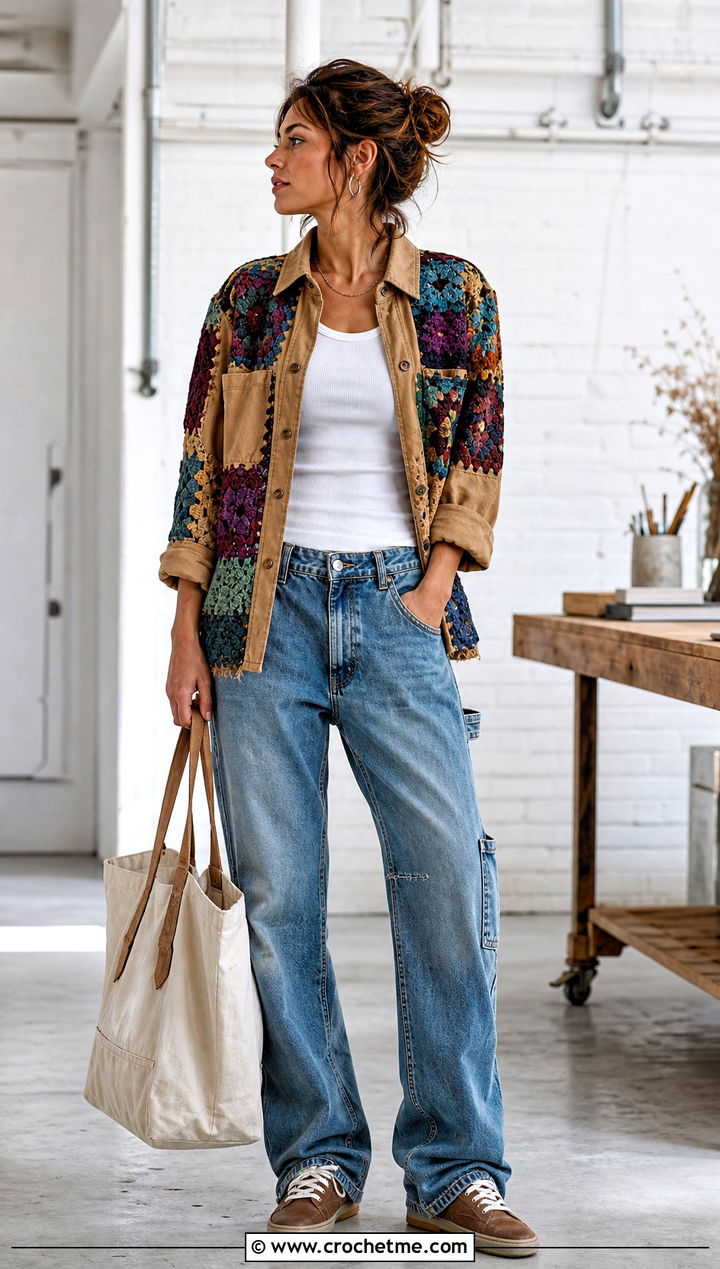 Patchwork Crochet Upcycled Work Shirt With Carpenter Jeans - 20 Upcycle Shirt With Crochet outfit ideas