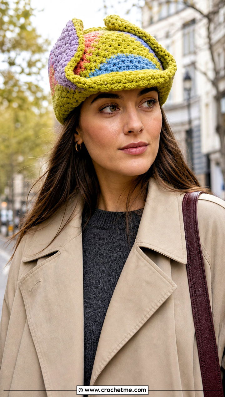 Patchwork Crochet Ushanka Hat With Trench Coat - 30 crochet ushanka hat outfit ideas