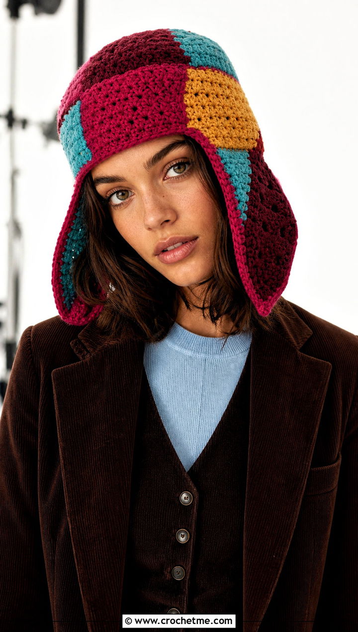 Patchwork Crochet Ushanka With Corduroy Suit - 35 crochet russian hat outfit ideas