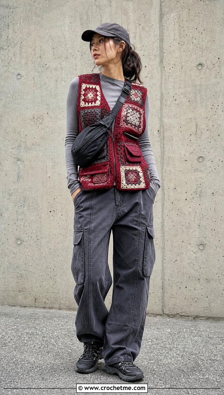 Patchwork Crochet Utility Vest With Cargo Pants - 25 weird crochet clothes and outfit ideas
