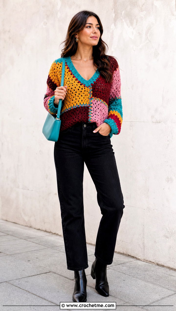Patchwork Crochet V Neck Sweater With Black Jeans - 25 Crochet Vneck Sweater outfit ideas