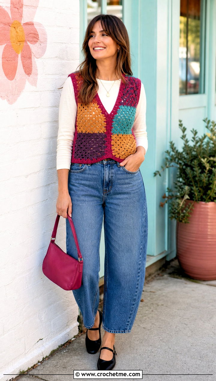 Patchwork Crochet V Neck Vest With Barrel Jeans - 30 crochet v neck vest outfit ideas
