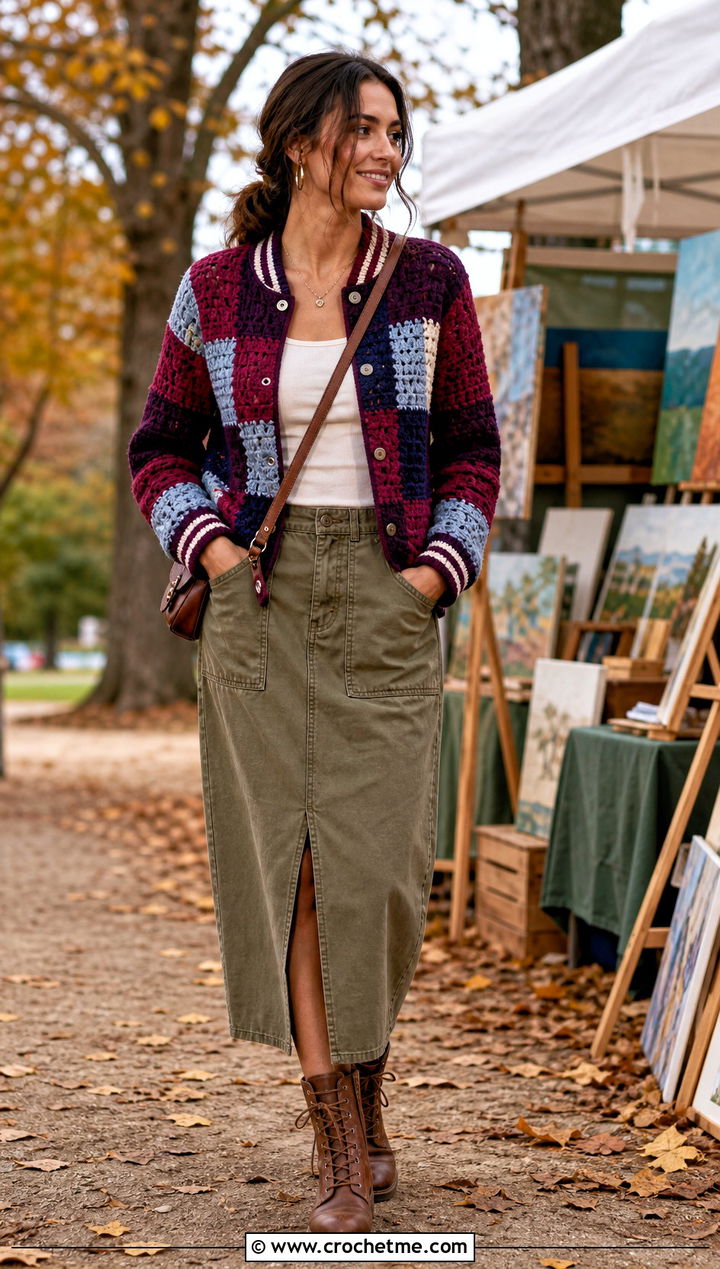 Patchwork Crochet Varsity Jacket With Utility Midi Skirt - 35 crochet varsity jacket outfit ideas