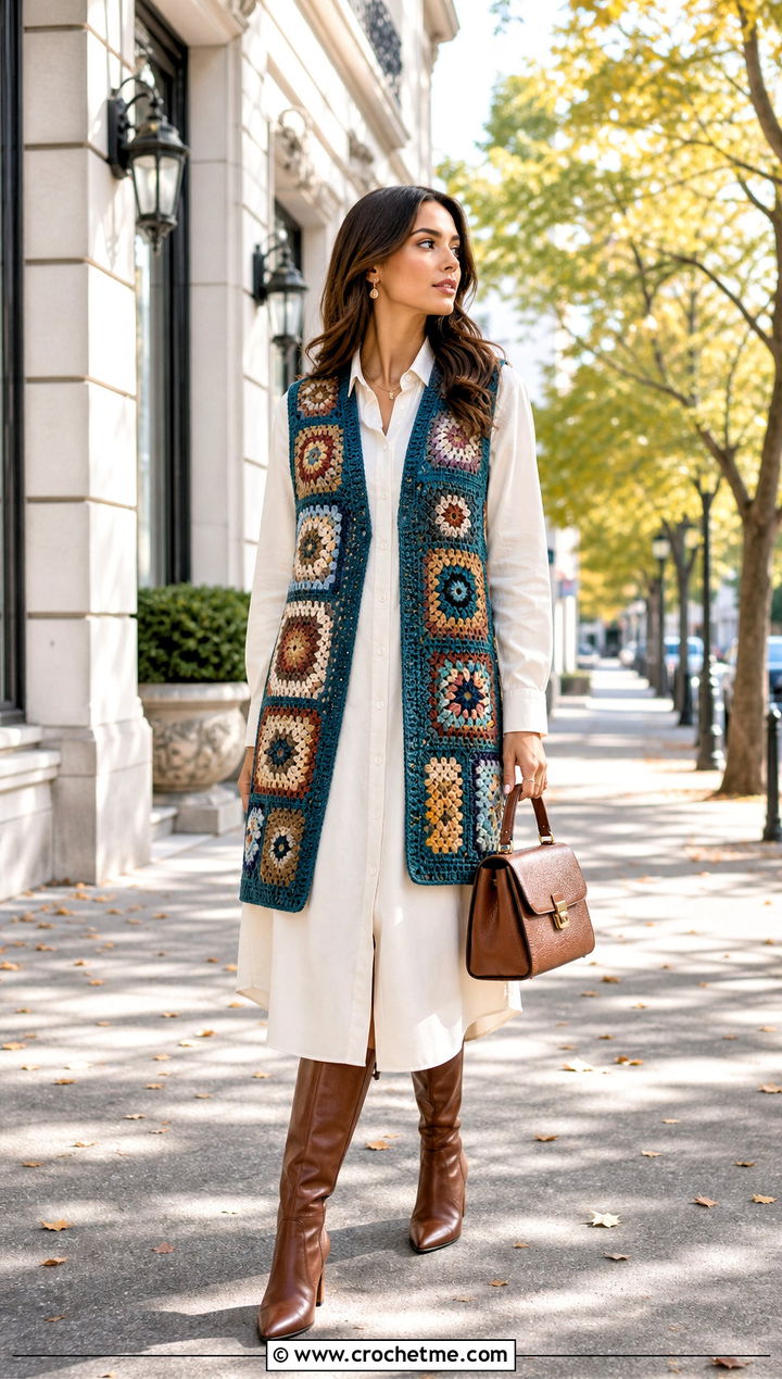 Patchwork Crochet Vest Over A Midi Shirt Dress - 35 crochet vintage top outfit ideas