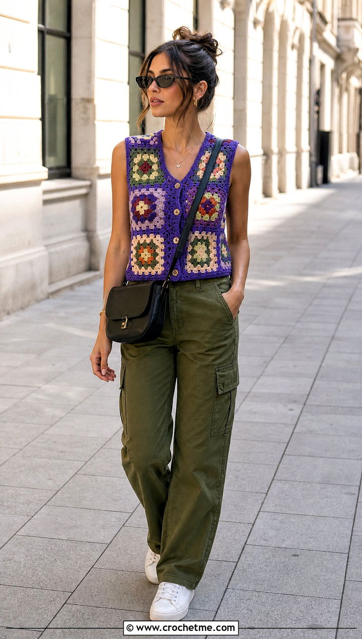 Patchwork Crochet Vest Top With Cargo Pants - 25 alexandra saint mleux crochet top outfit ideas