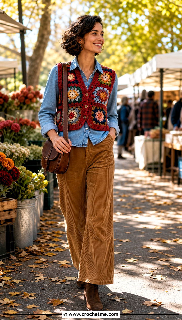 Patchwork Crochet Vest Top With Denim Shirt And Corduroy Pants - 35 crochet layering top outfit ideas