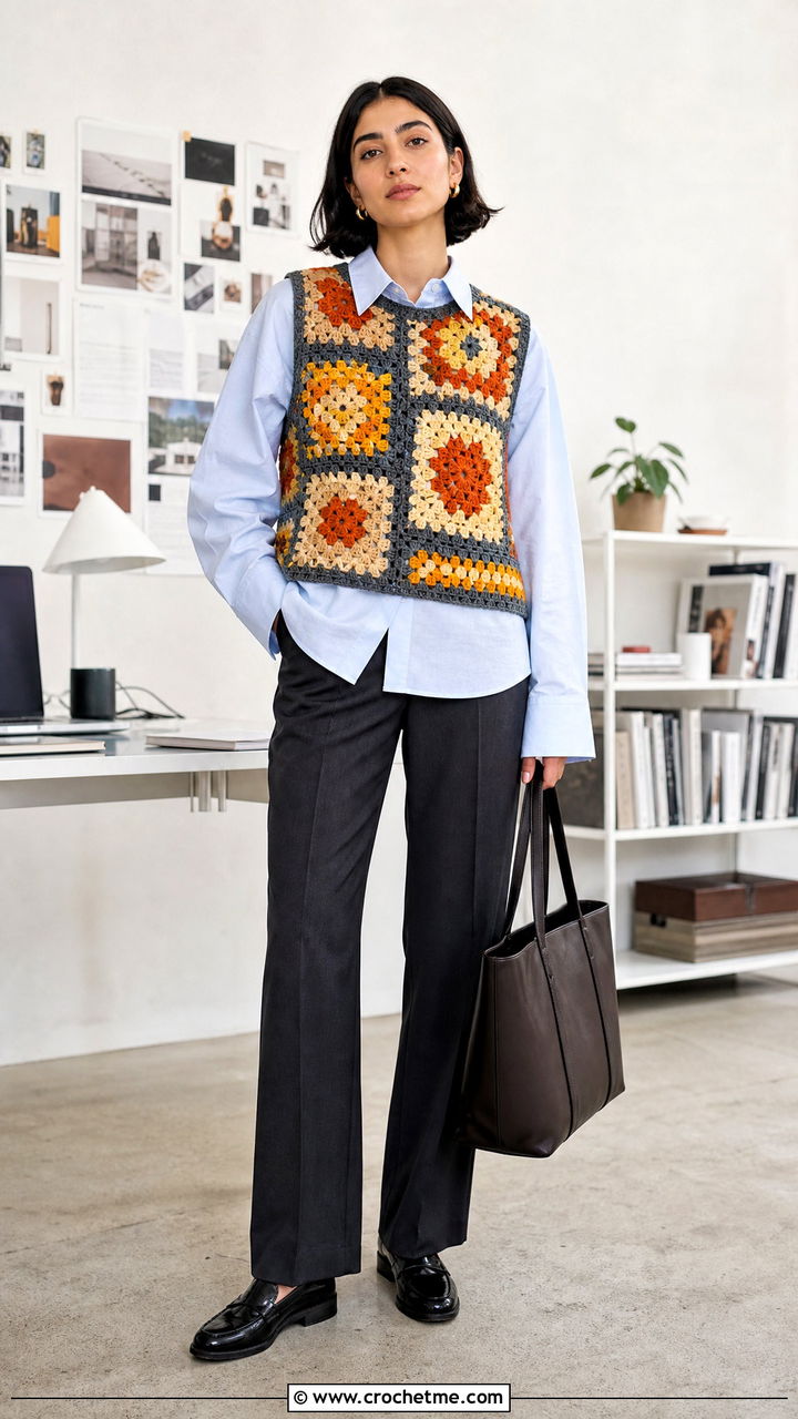 Patchwork Crochet Vest Top With Poplin Shirt - 35 crochet y2k top outfit ideas
