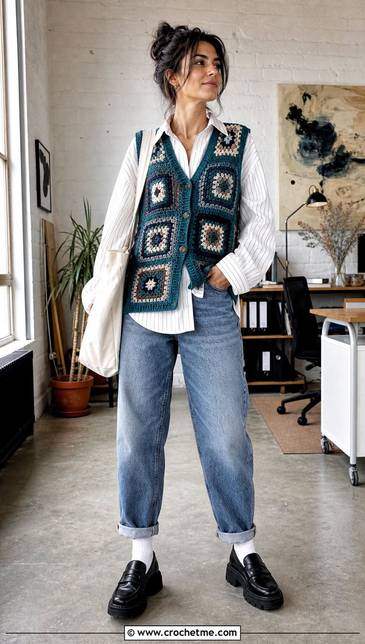 Patchwork Crochet Vest With Baggy Jeans - 25 grunge crochet clothes and outfit ideas