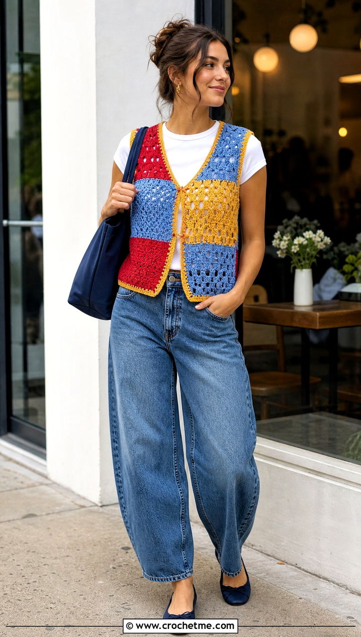 Patchwork Crochet Vest With Barrel Jeans - 35 crochet vest outfits for women outfit ideas