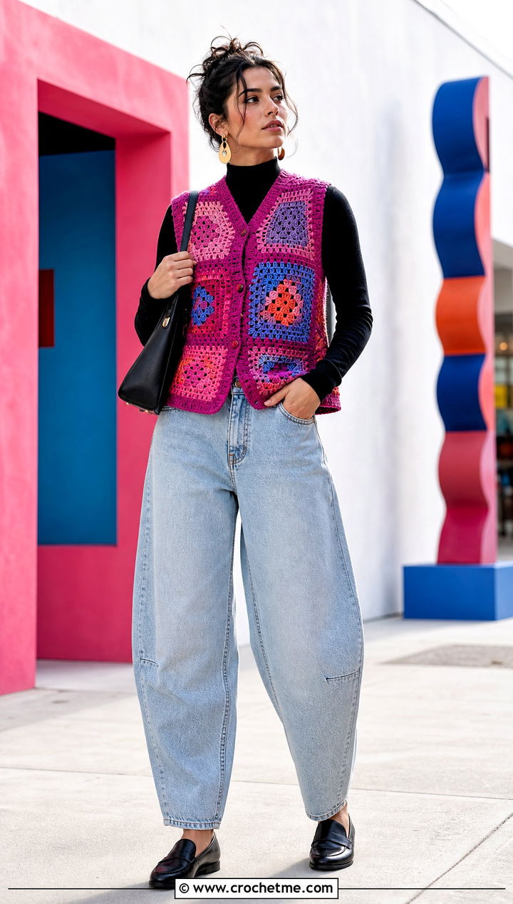 Patchwork Crochet Vest With Barrel Jeans - 15 Crochet For Ladies Vests outfit ideas