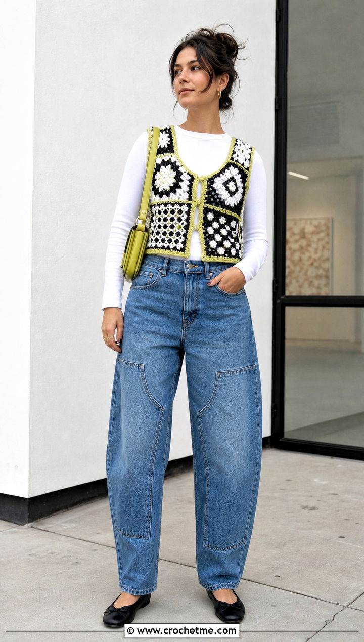 Patchwork Crochet Vest With Barrel Jeans - 30 black and white crochet vest outfit ideas