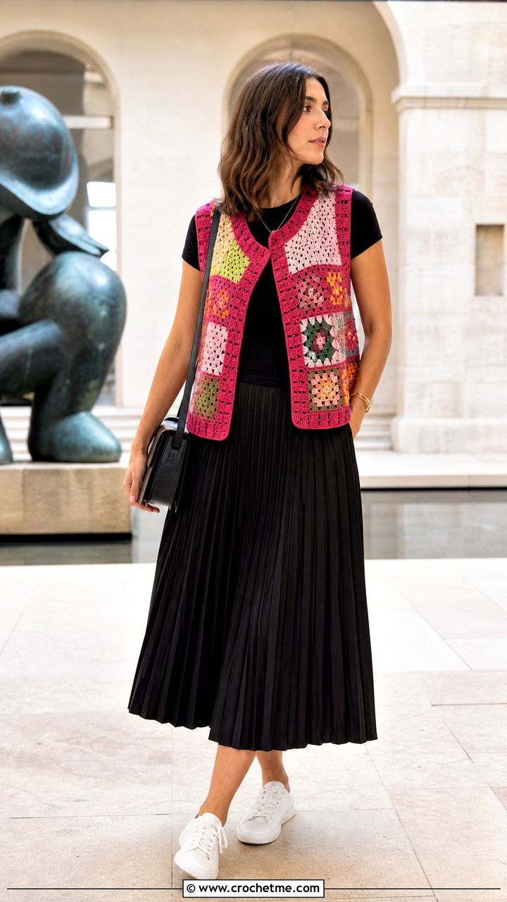 Patchwork Crochet Vest With Black Midi Skirt - 35 easy crochet vest outfit ideas