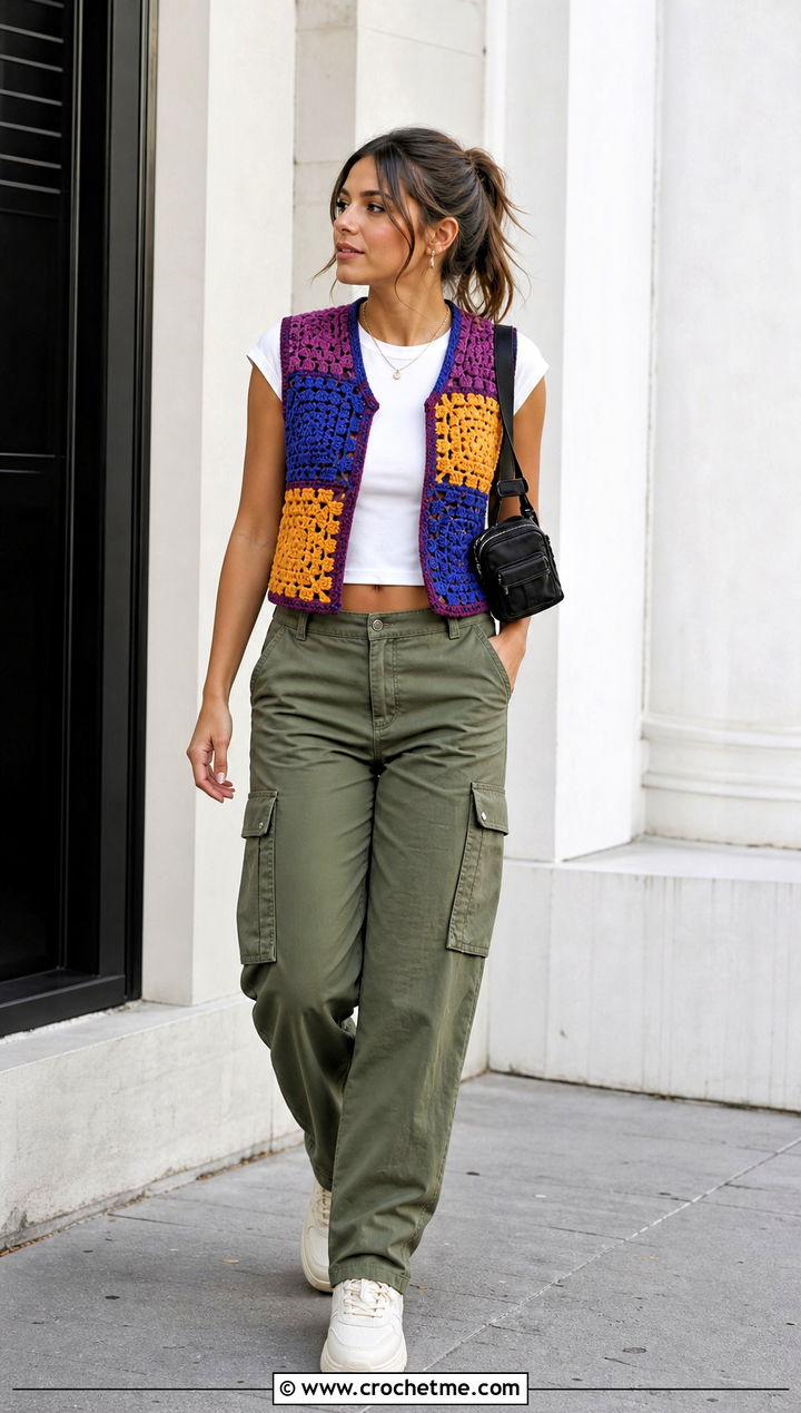 Patchwork Crochet Vest With Cargo Pants - 35 crochet vests outfit ideas