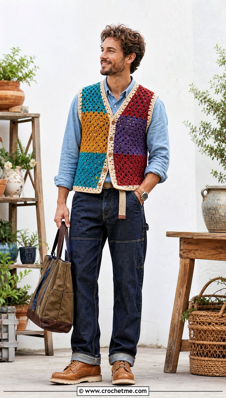 Patchwork Crochet Vest With Chambray Shirt And Carpenter Jeans - 30 mens crochet vest outfit ideas