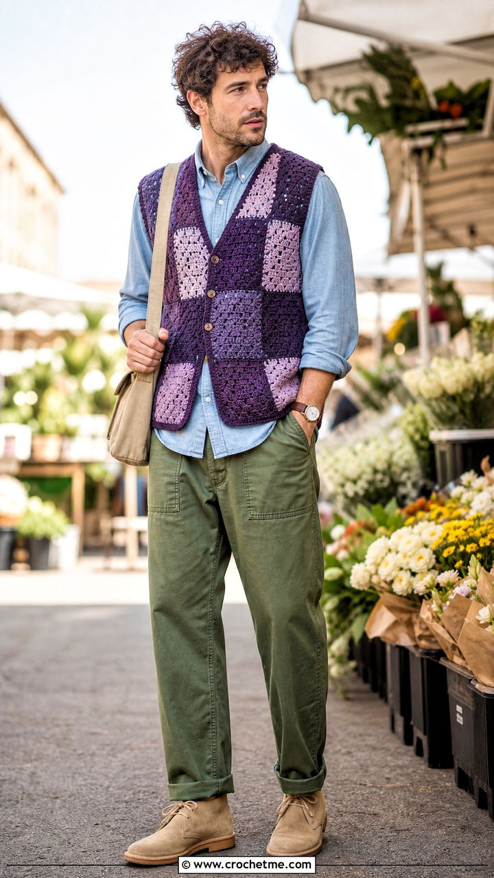 Patchwork Crochet Vest With Chambray Shirt And Fatigue Pants - 35 crochet vest for men outfit ideas