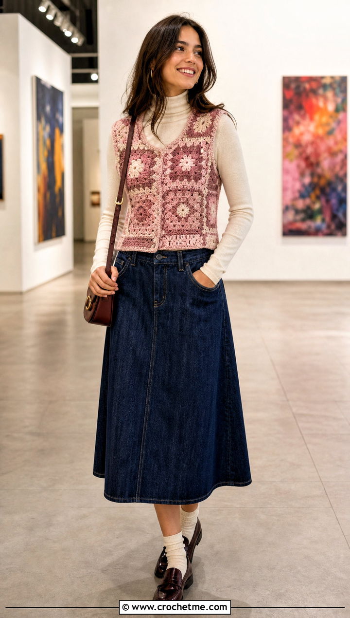 Patchwork Crochet Vest With Denim Midi Skirt - 35 crochet vest for women outfit ideas