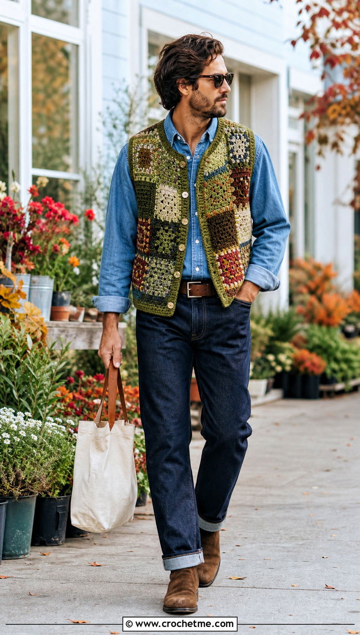 Patchwork Crochet Vest With Denim Shirt - 30 men's crochet vest outfit ideas