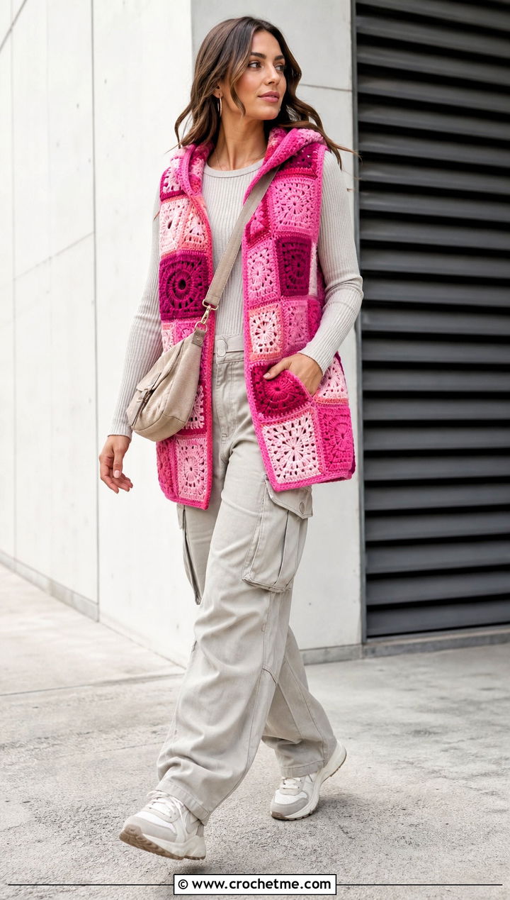 Patchwork Crochet Vest With Hood And Cargo Pants - 30 crochet vest with hood outfit ideas