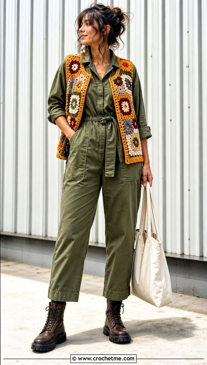 Patchwork Crochet Vest With Utility Jumpsuit - 35 diy crochet vest outfit ideas