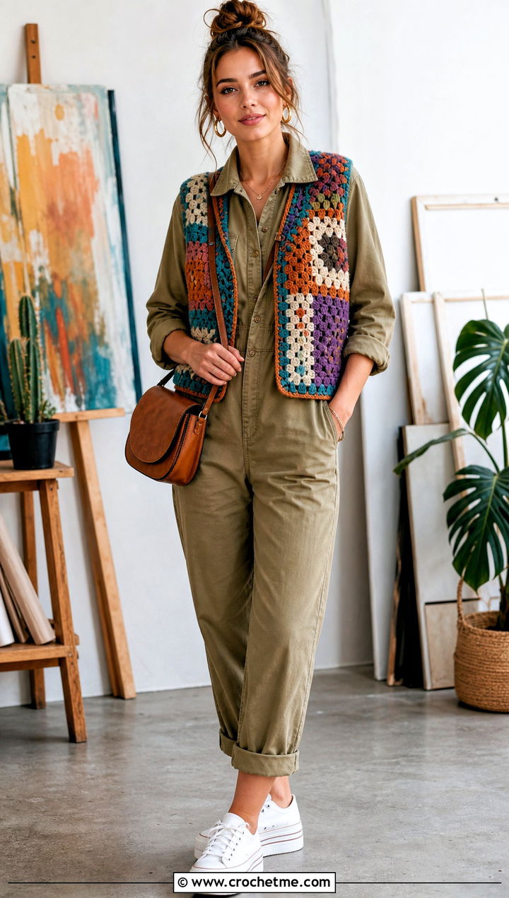 Patchwork Crochet Vest With Utility Jumpsuit - 20 crochet vest outfit aesthetic outfit ideas