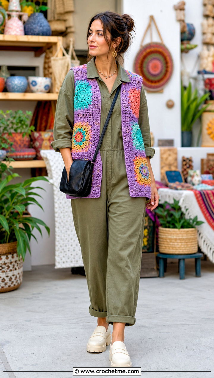 Patchwork Crochet Vest With Utility Jumpsuit - 25 beginner crochet vest outfit ideas