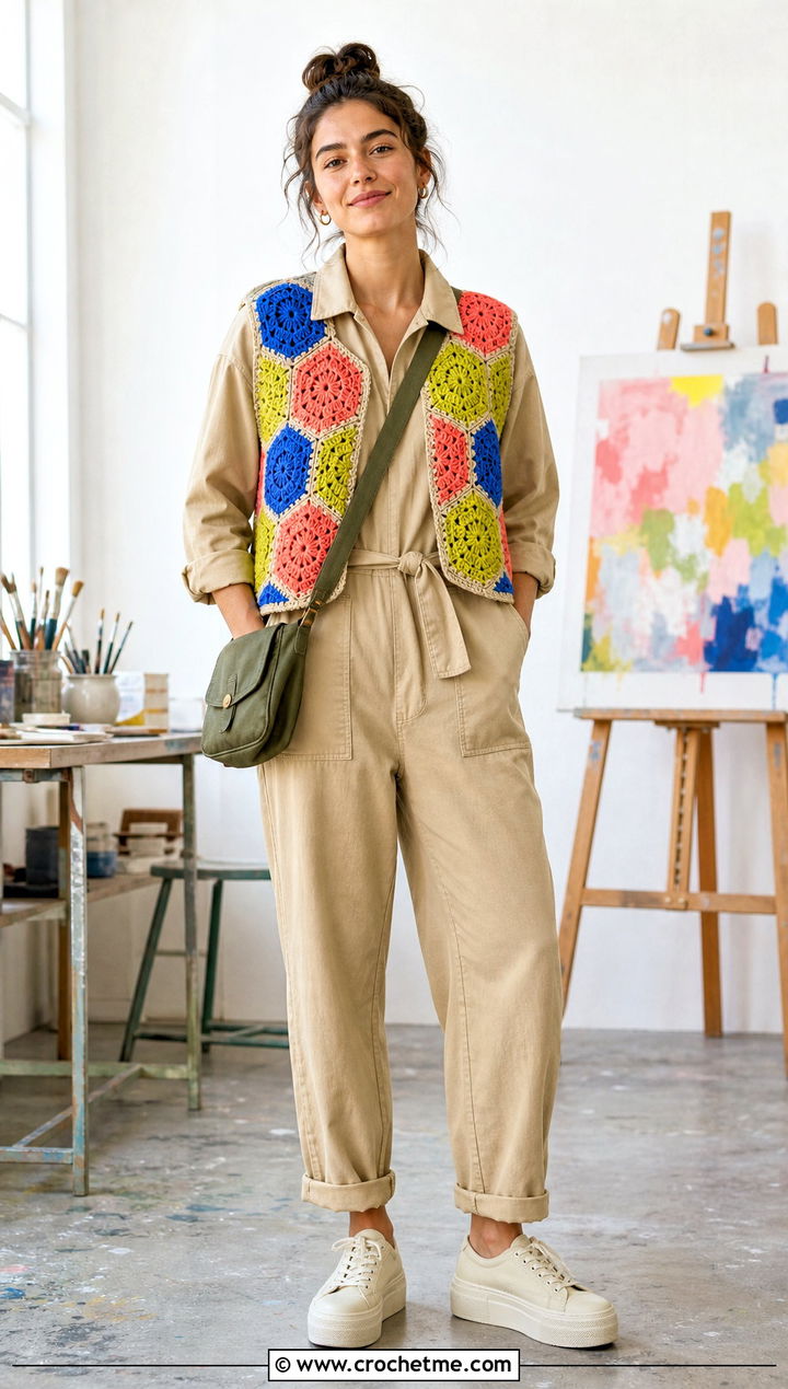 Patchwork Crochet Vest With Utility Jumpsuit - 35 crochet vest ideas