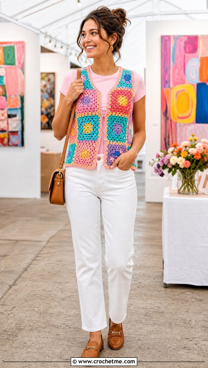 Patchwork Crochet Vest With White Jeans - 20 Crocheted Vests For Women outfit ideas