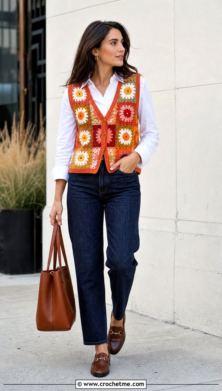 Patchwork Crochet Vest With White Shirt And Jeans - 25 Daisy Jones Crochet Top outfit ideas