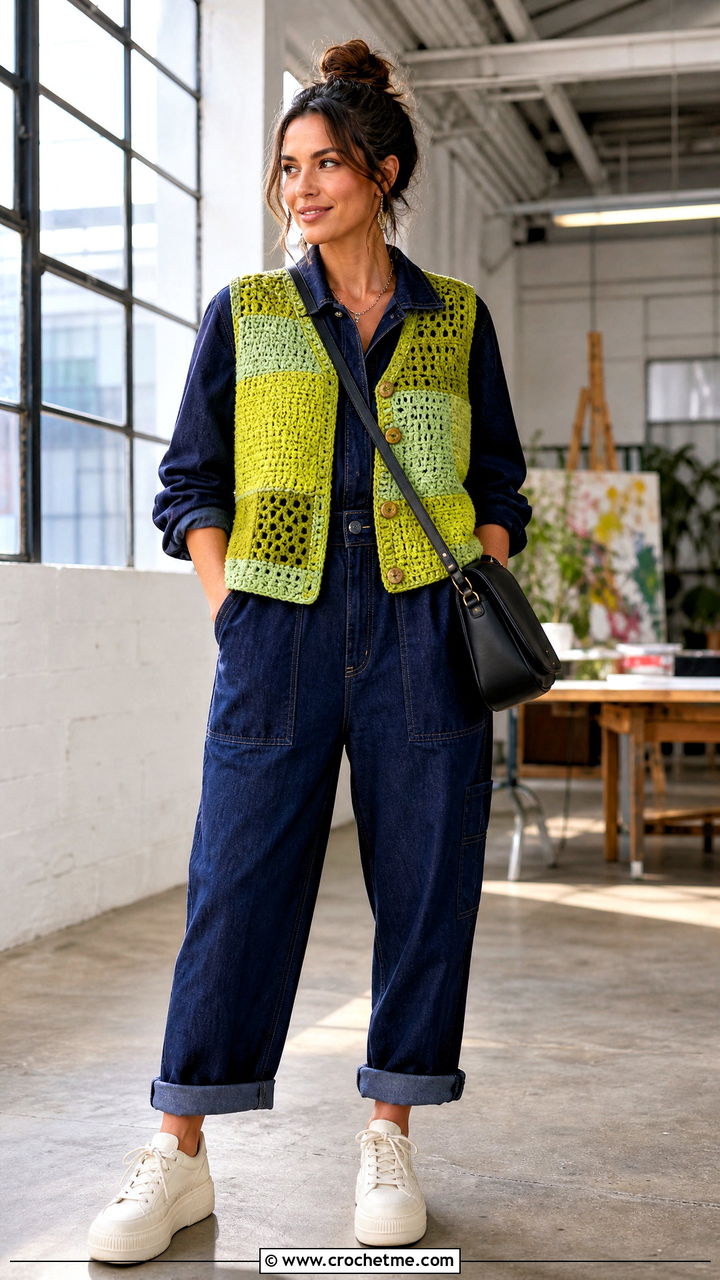 Patchwork Crochet Vest With a Denim Jumpsuit - 35 crochet vest woman outfit ideas