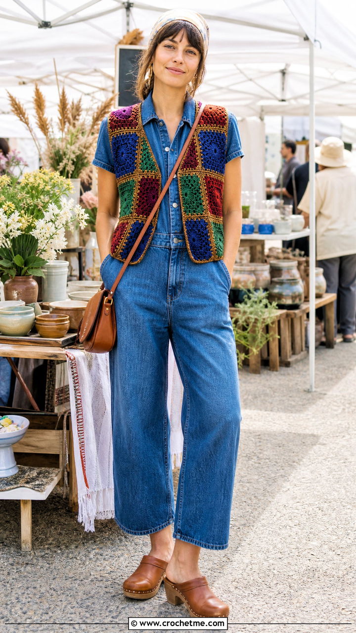 Patchwork Crochet Vest With a Denim Jumpsuit - 35 boho crochet vest outfit ideas