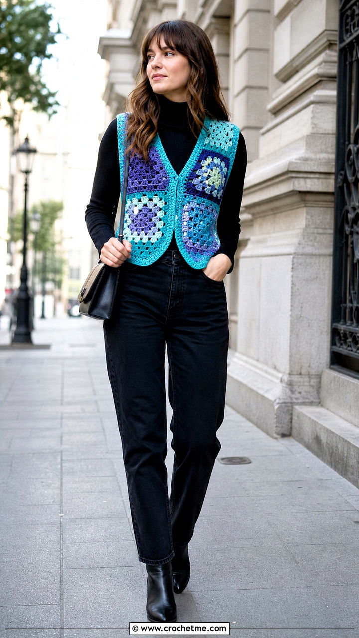 Patchwork Crochet Waistcoat With Black Denim - 35 crochet waistcoat outfit ideas