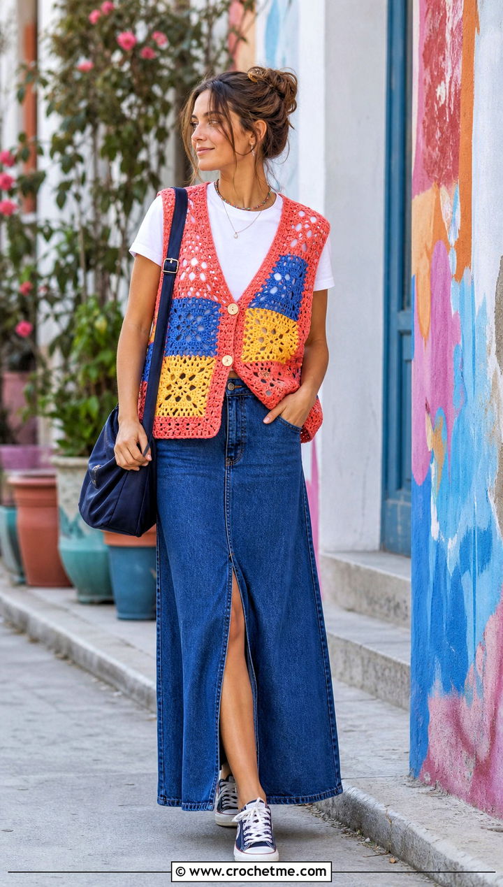 Patchwork Crochet Waistcoat With Denim Maxi Skirt - 35 crochet waist coat outfit ideas