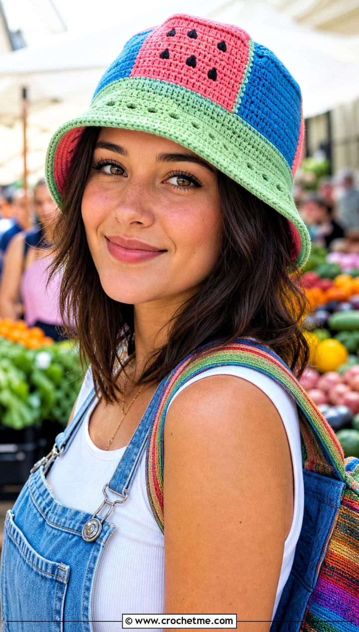 Patchwork Crochet Watermelon Bucket Hat With Overalls And Tank Top - 30 crochet watermelon bucket hat outfit ideas