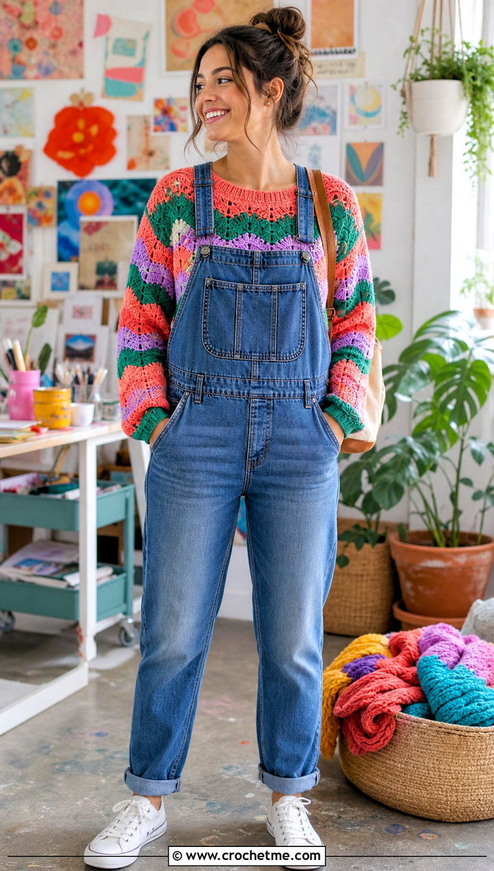 Patchwork Crochet Wave Sweater With Denim Overalls - 30 crochet wave sweater outfit ideas