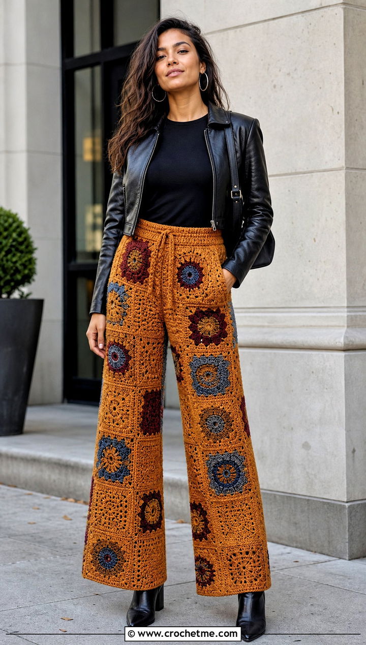 Patchwork Crochet Wide Leg Pants With Leather Jacket - 25 crochet wide leg pants outfit ideas