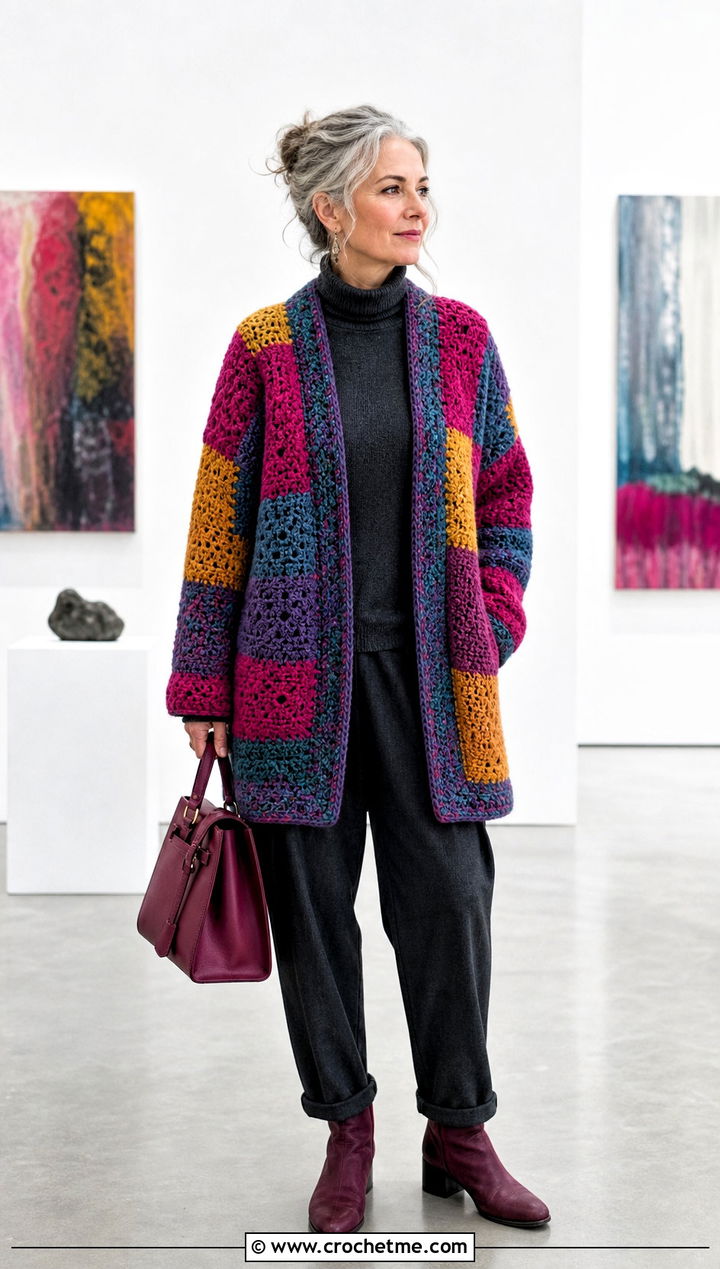 Patchwork Crochet Winter Cardigan With A Monochrome Outfit - 25 crochet winter cardigan outfit ideas