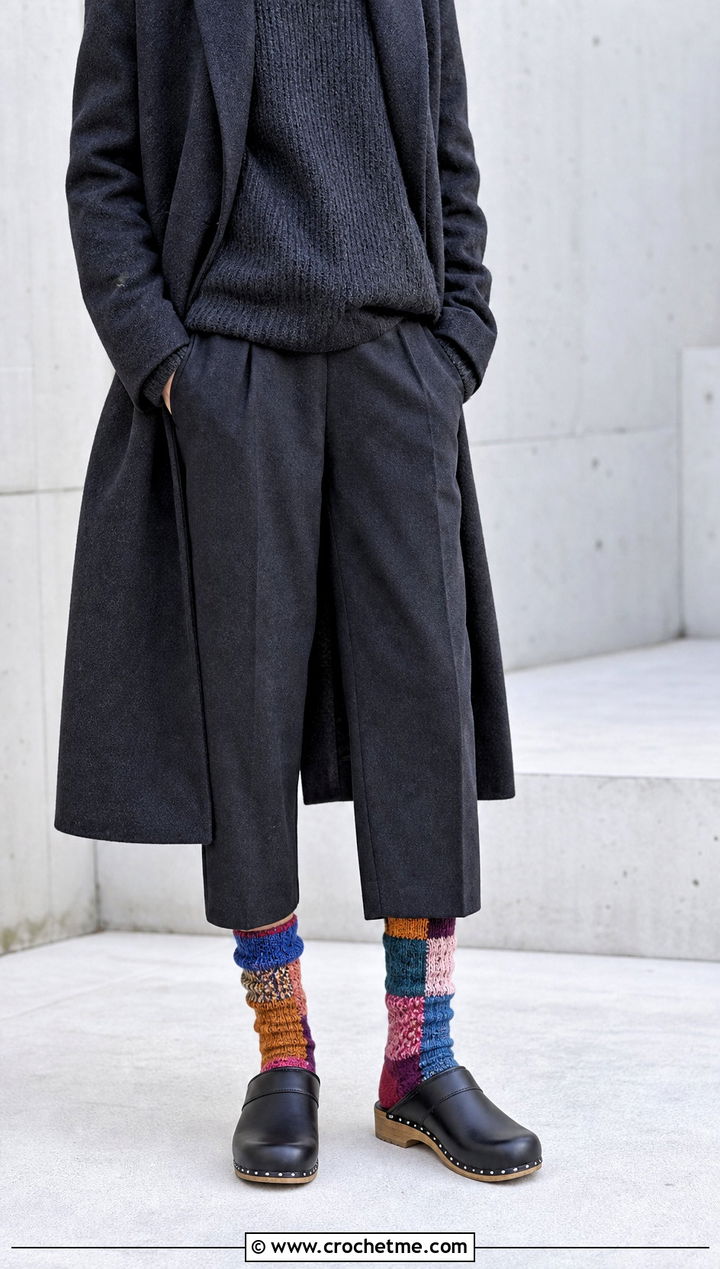 Patchwork Crochet Winter Socks With Monochrome Outfit - 30 crochet winter socks outfit ideas