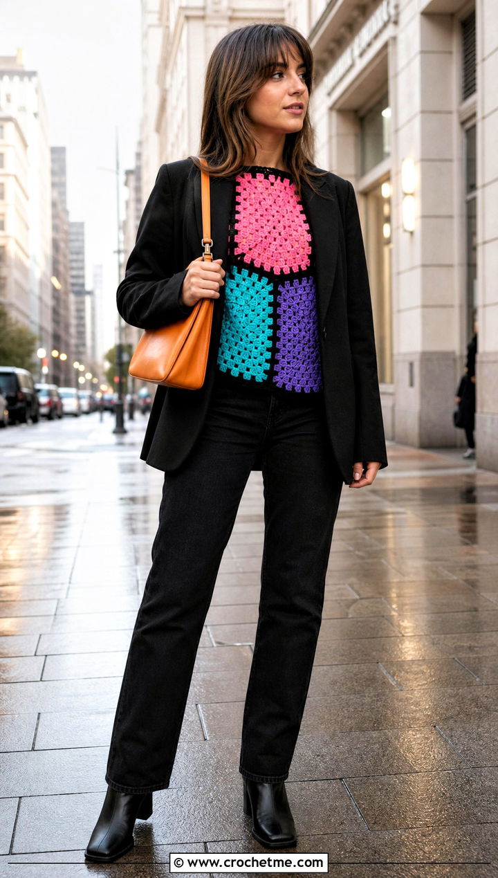 Patchwork Crochet Wool Top With Black Jeans - 35 crochet wool top outfit ideas